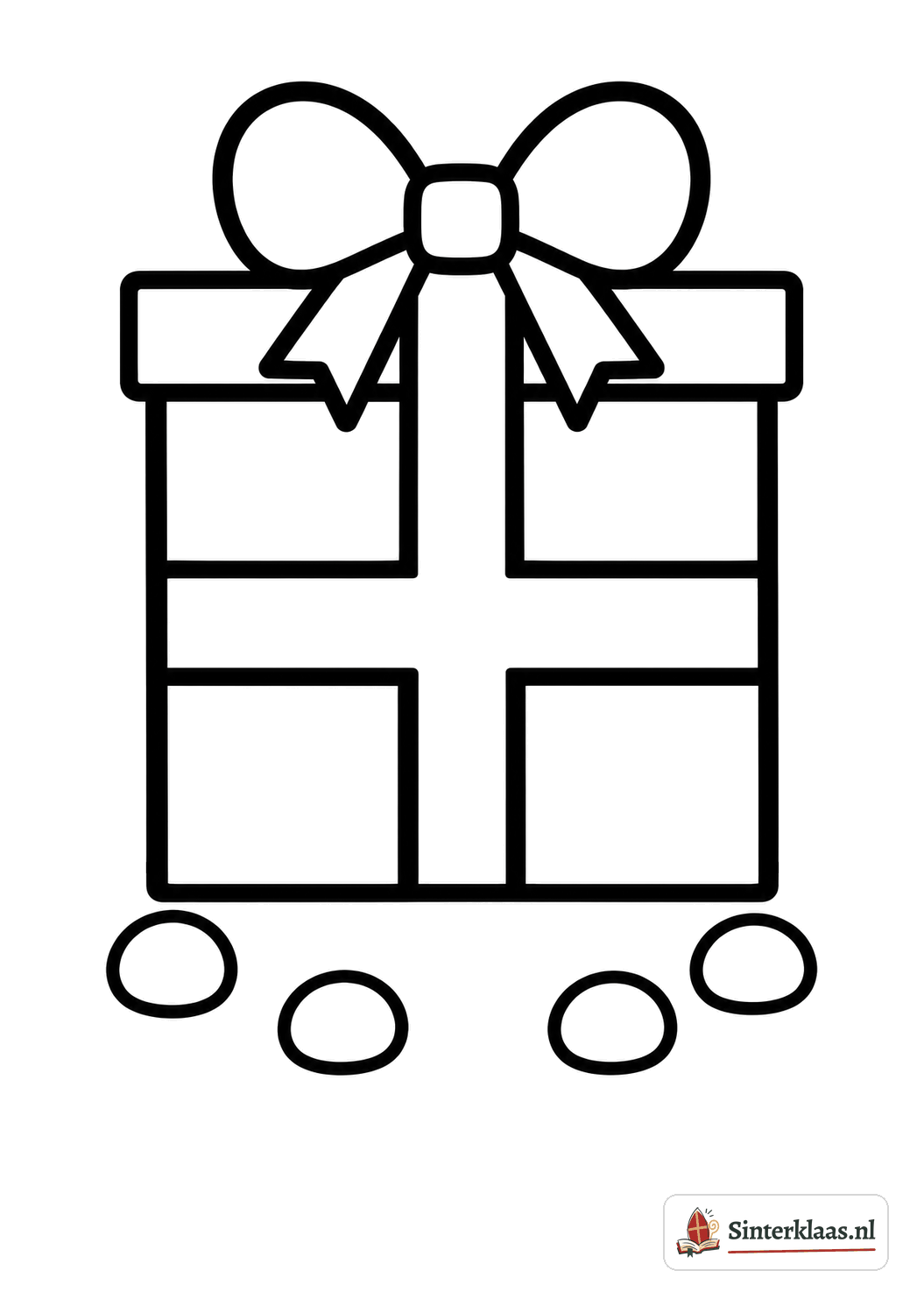 Makkelijke kleurplaat van een groot ingepakt cadeautje met lint en strik, met pepernoten ervoor
