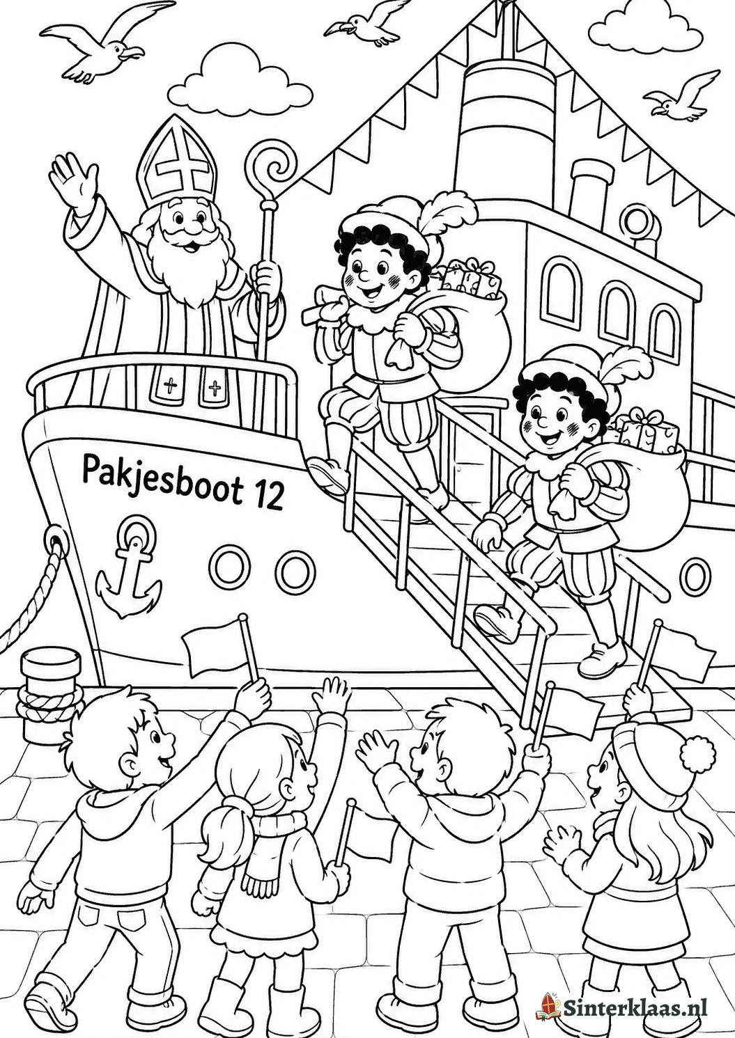 Kleurplaat van de intocht: de pakjesboot komt aan en kinderen zwaaien vanaf de kade