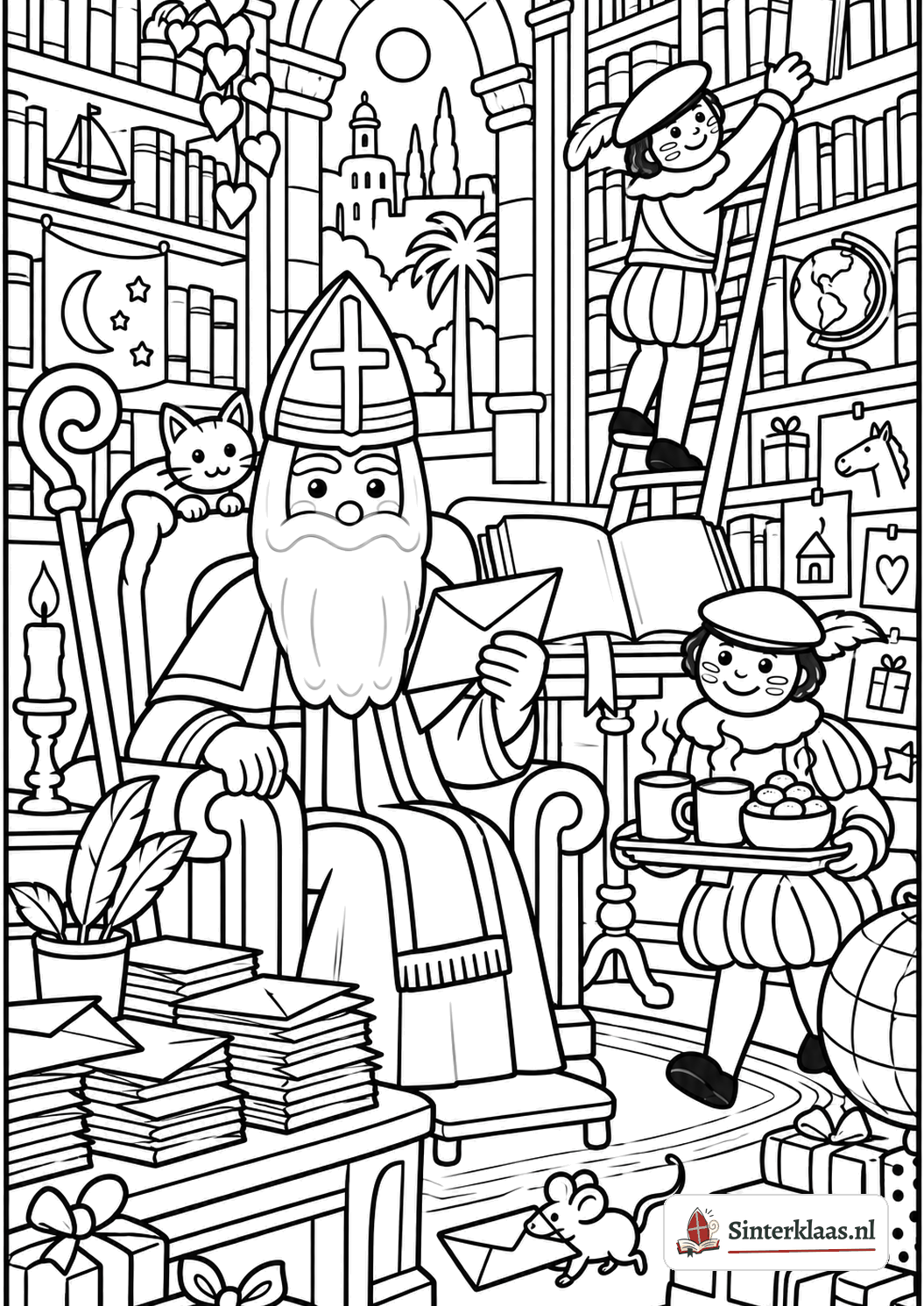 Kleurplaat van Sinterklaas die brieven leest in de bibliotheek, met een kat op de stoel en Pieten tussen de boekenkasten