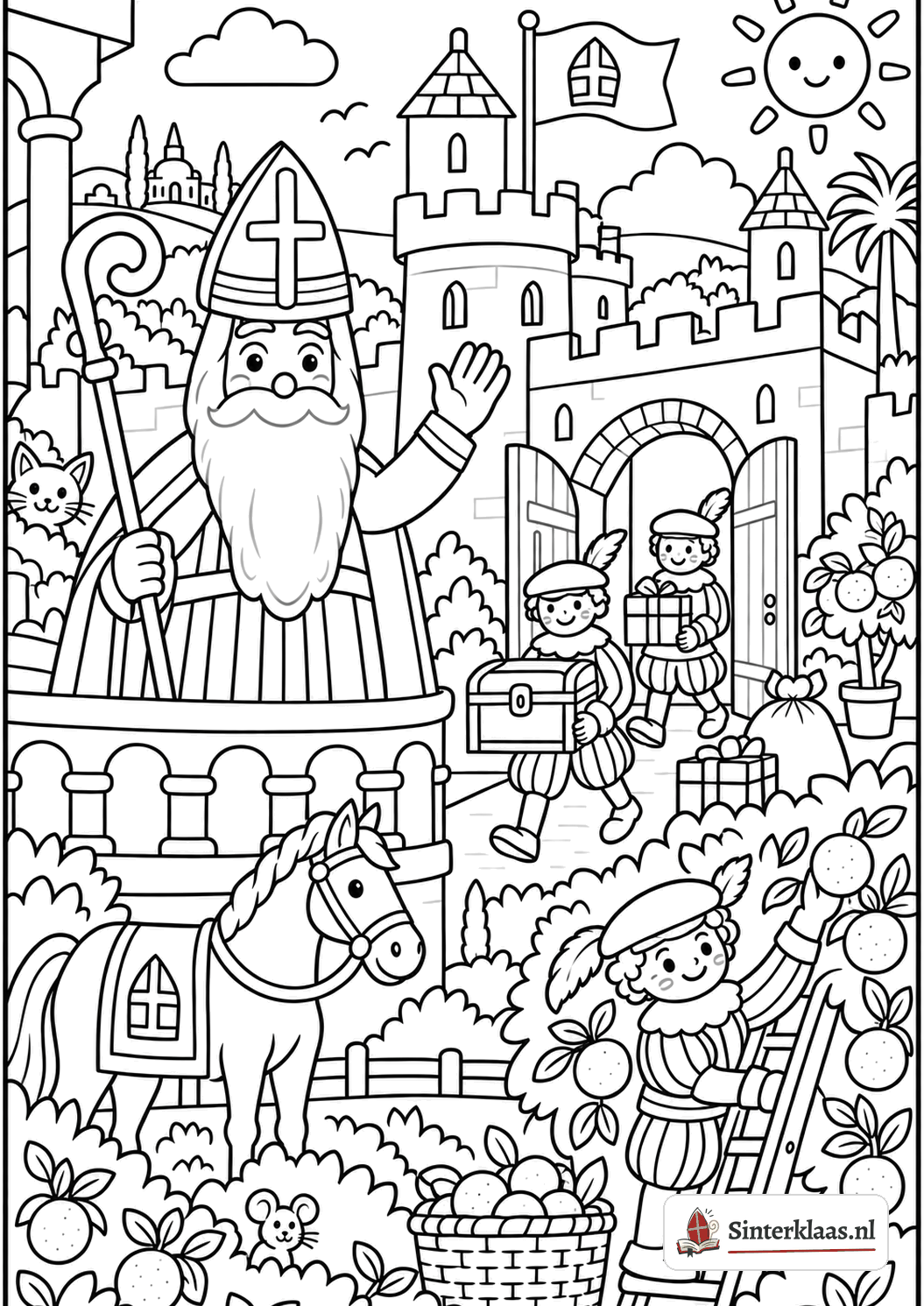 Kleurplaat van het kasteel van Sinterklaas in Spanje, met Pieten die pakjes naar binnen dragen en Ozosnel in de wei