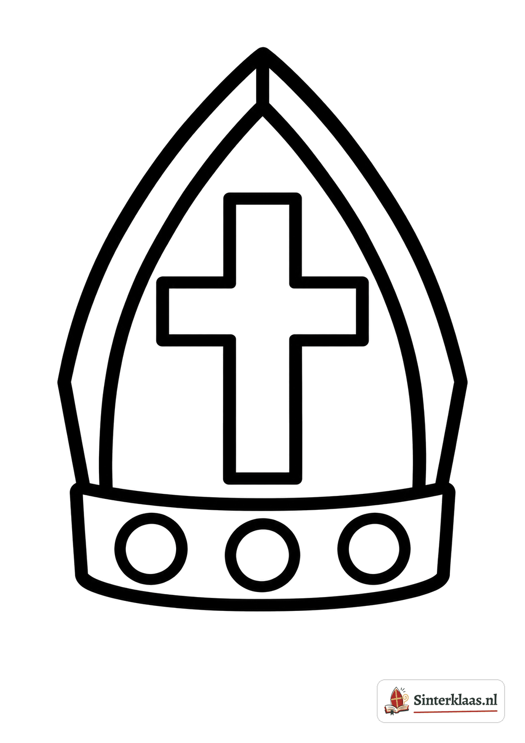 Makkelijke kleurplaat van de mijter van Sinterklaas met een groot kruis en een band met drie ronde steentjes