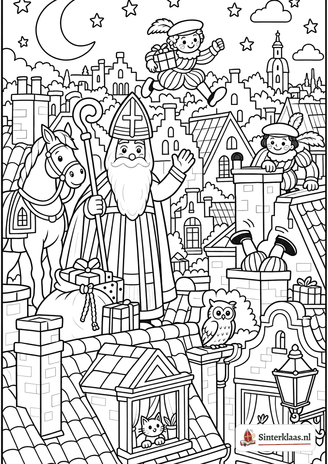 Kleurplaat van Sinterklaas op Ozosnel over de daken in de nacht, met een uil, een maan en Pieten bij de schoorstenen