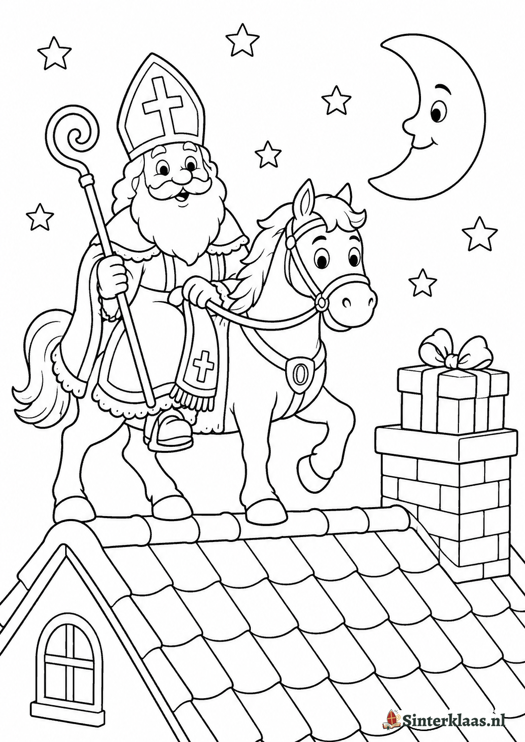 Kleurplaat van Sinterklaas op zijn paard Ozosnel boven op de daken, met maan en sterren