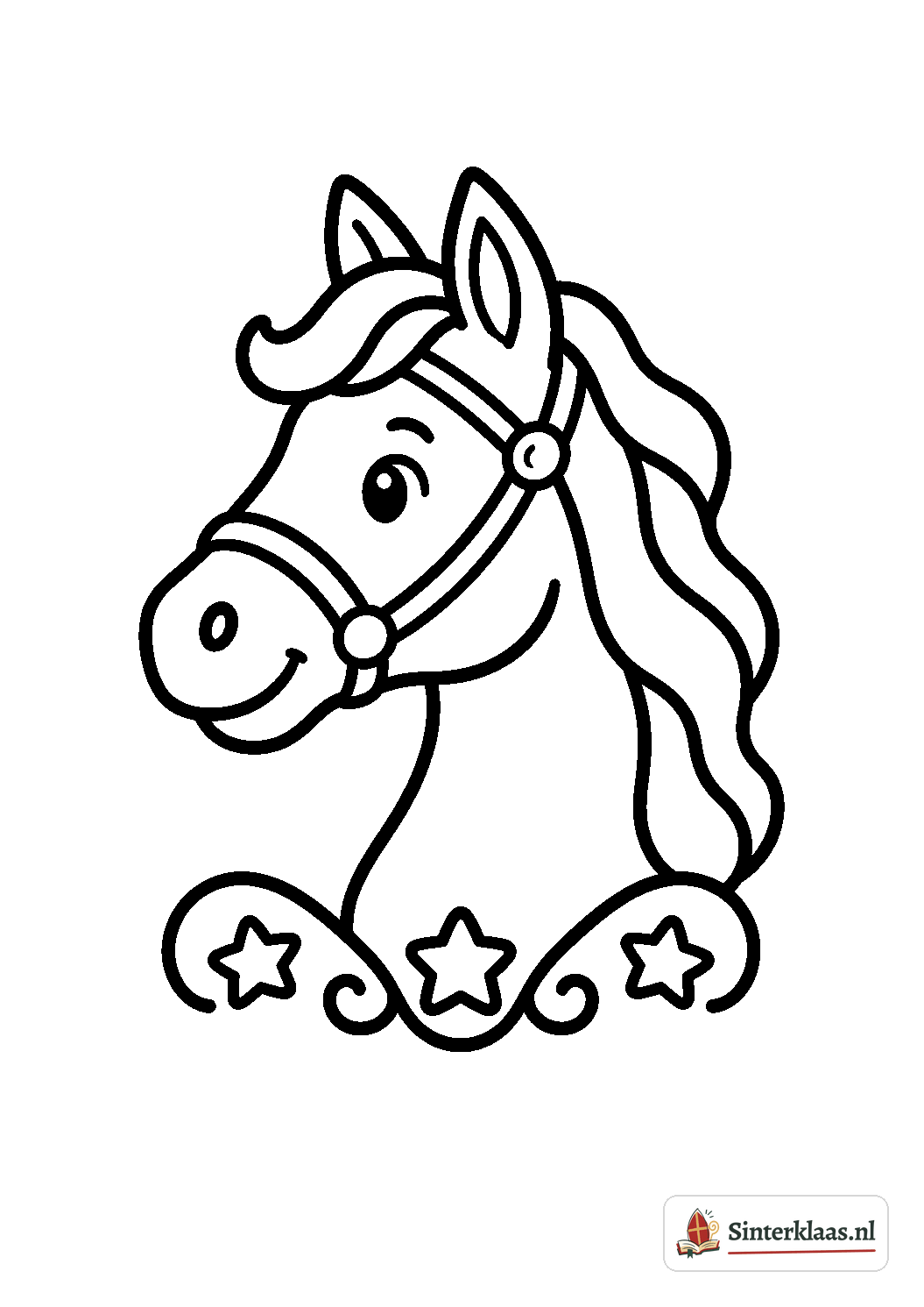 Makkelijke kleurplaat van het hoofd van het paard Ozosnel met een halster, lange manen en drie sterren