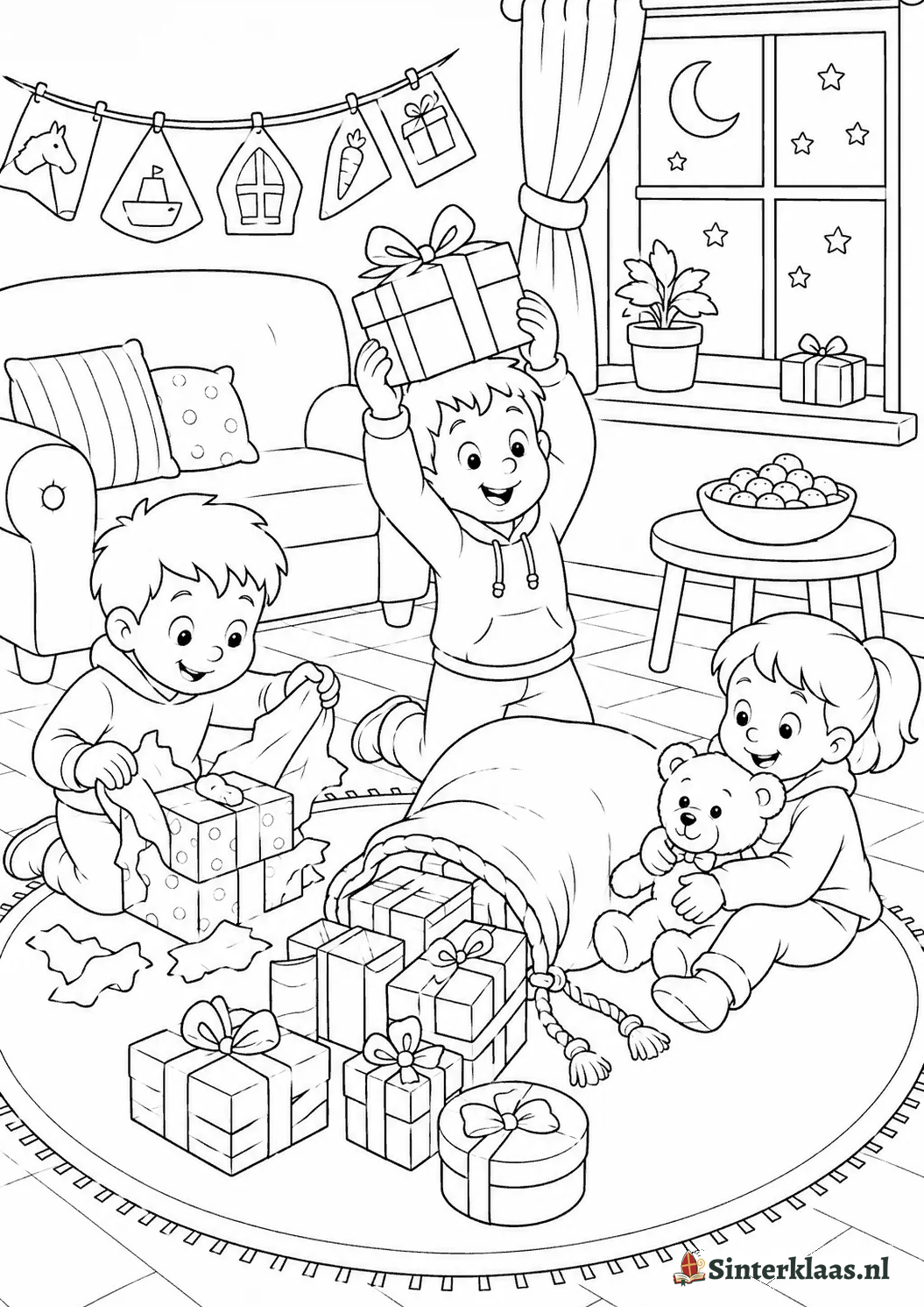 Kleurplaat van pakjesavond met een omgevallen zak vol cadeautjes in de huiskamer