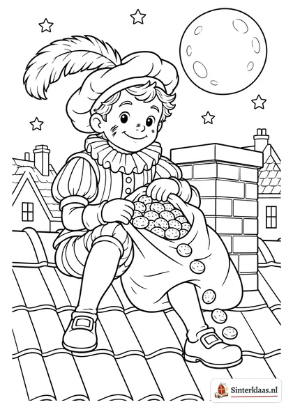 Kleurplaat van een vrolijke Piet op het dak met een zak pepernoten