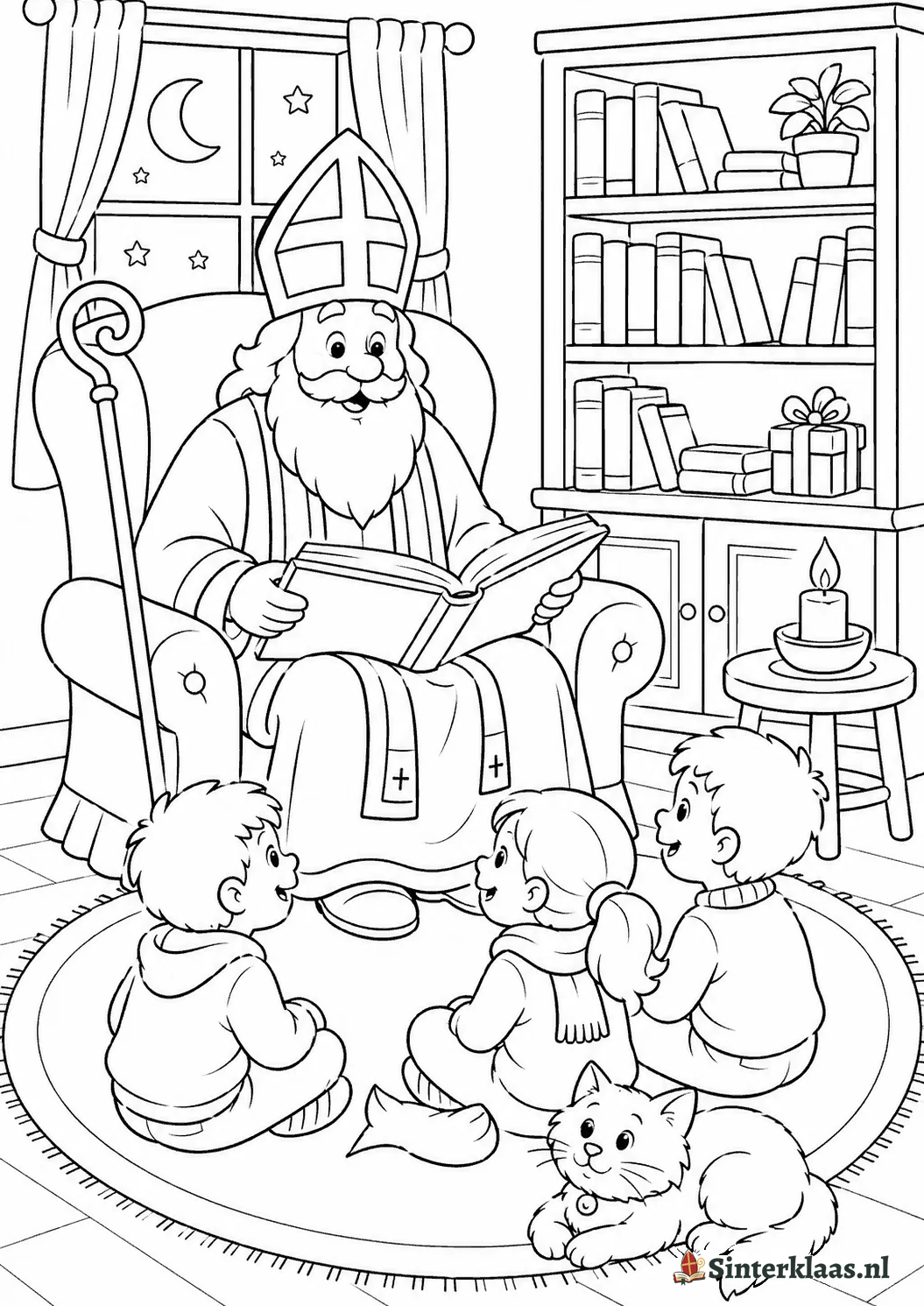 Kleurplaat van Sinterklaas die voorleest uit het Grote Boek, met luisterende kinderen op een kleed