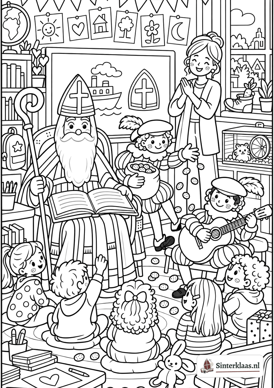 Kleurplaat van Sinterklaas op school met een kring kinderen, een Piet die pepernoten strooit en een Piet met gitaar