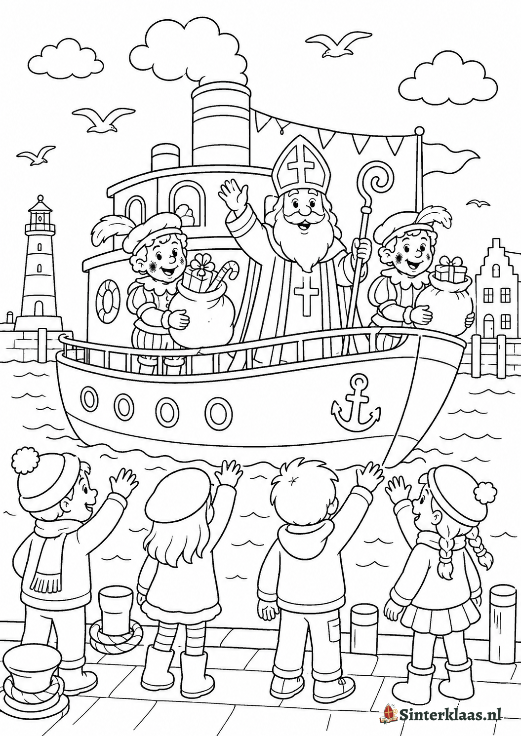 Kleurplaat van de stoomboot van Sinterklaas met de Sint aan dek en Pieten met zakken cadeautjes