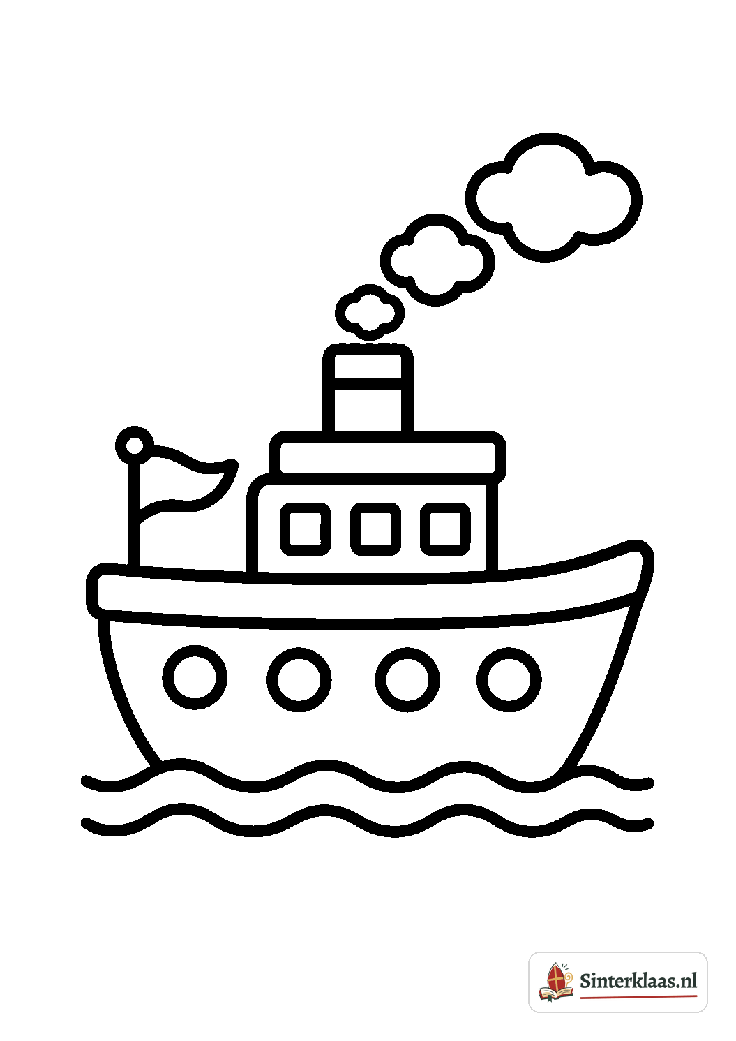 Makkelijke kleurplaat van een stoomboot met een rookpluim, een vlag, drie ramen, vier patrijspoorten en golven