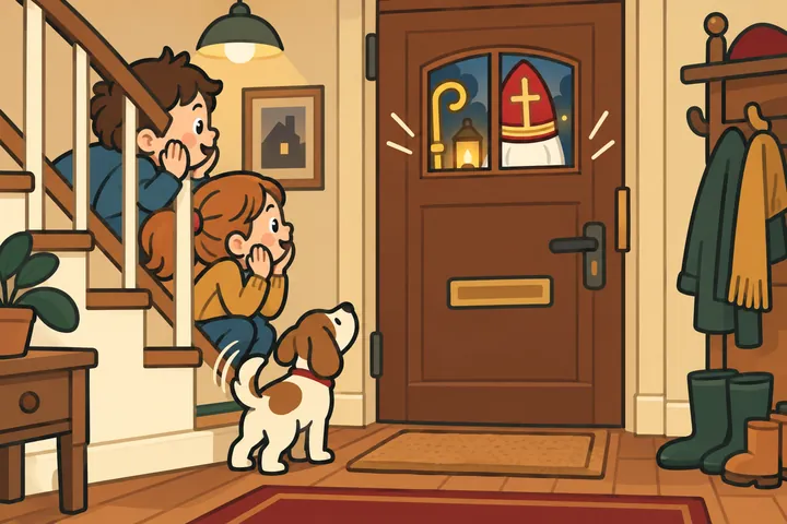 Twee kinderen gluren van de trap naar de voordeur, waar door het raampje de punt van de mijter van Sinterklaas te zien is.