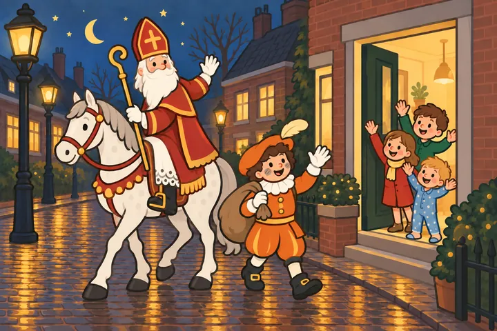 Kinderen zwaaien in de deuropening terwijl Sinterklaas op Ozosnel en een Piet de straat uit gaan in de schemering.
