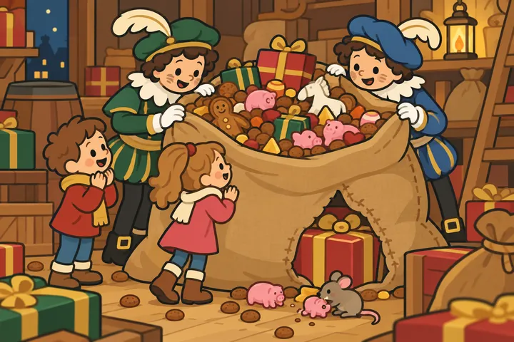 Twee Pieten openen de reuzenzak van Sinterklaas, vol taaitaai, marsepein en snoep, met onderin een groot pak.