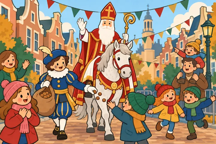 Sinterklaas rijdt op Ozosnel door een feestelijke straat vol springende, zwaaiende kinderen.