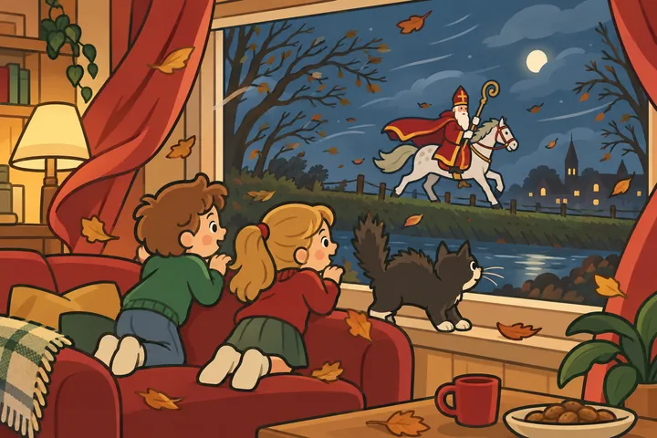 Twee kinderen kijken op een stormachtige avond uit het raam, terwijl ver weg Sinterklaas op zijn paard door de nacht rijdt.