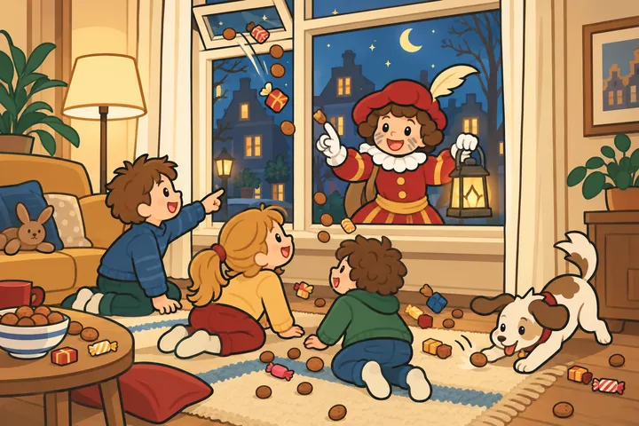 Een Piet tikt 's avonds zachtjes op het raam terwijl er pepernoten de kamer in vliegen en de kinderen verrast omkijken.