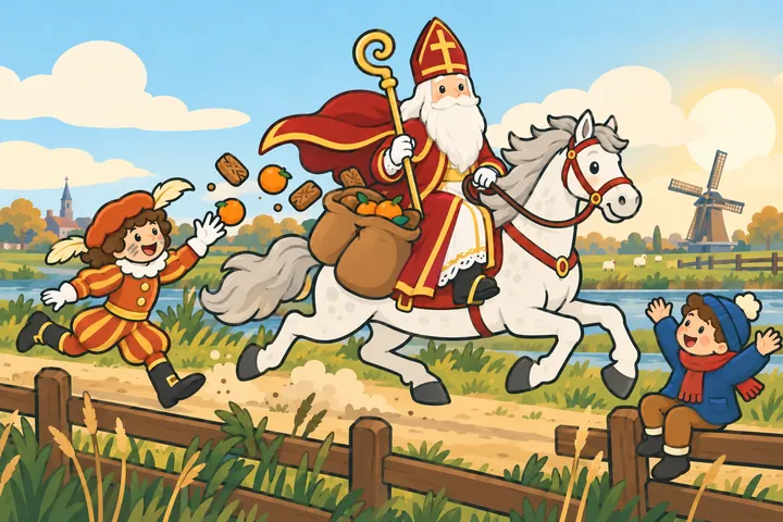 Ozosnel galoppeert over een zandpad met Sinterklaas kaarsrecht in het zadel, terwijl er sinaasappels en speculaas uit de tassen stuiteren.