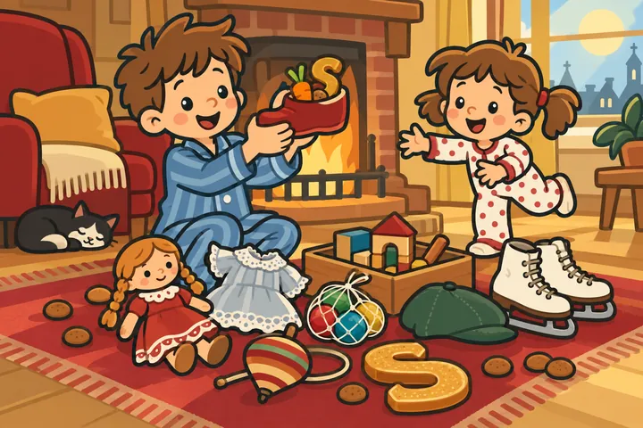 Een blij kind in pyjama laat zijn schoen zien, met eromheen een pop met vlechtjes, ballen, een bromtol, blokken, schaatsen en een banketletter.