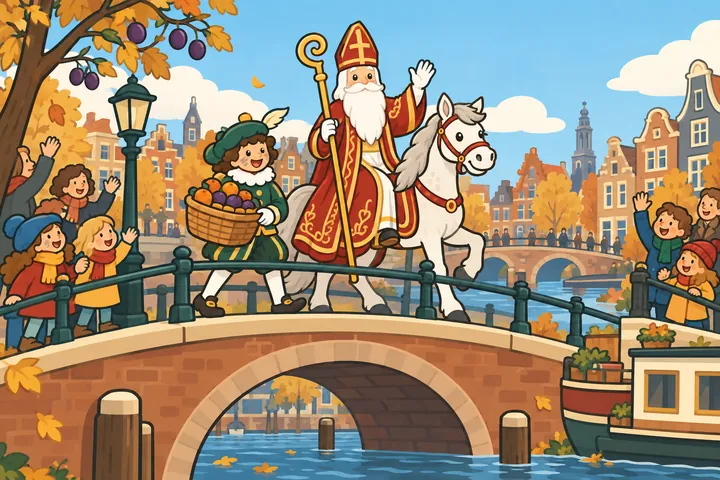 Sinterklaas rijdt in zijn mooiste mantel op Ozosnel over een brug bij een Amsterdamse gracht, met een Piet en een mand sinaasappels.