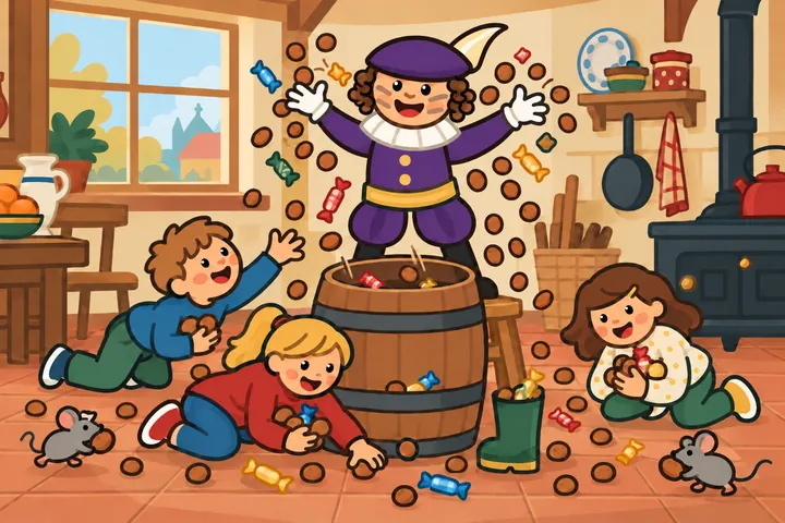 Een Piet gooit pepernoten en snoep in een lege ton terwijl kinderen en twee muisjes op de vloer grabbelen.