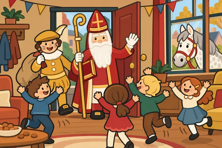 Sinterklaas en een Piet komen de huiskamer binnen, kinderen springen van blijdschap en Ozosnel gluurt buiten door het raam.