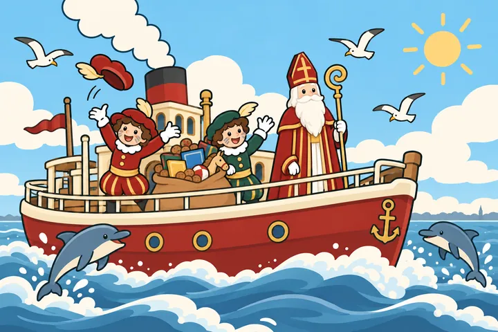 De stoomboot van Sinterklaas vaart over de grote zee met dolfijnen, meeuwen en juichende Pieten aan dek.