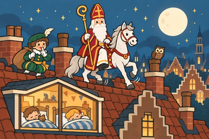 Ozosnel loopt zachtjes over de daken in de maneschijn, met Sinterklaas in het zadel, terwijl de kinderen slapen.