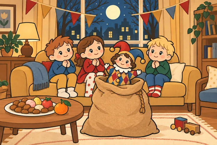 Kinderen zitten vol verwachting op de bank op pakjesavond, met de maan achter het raam en een zak met een harlekijn bij de deur.