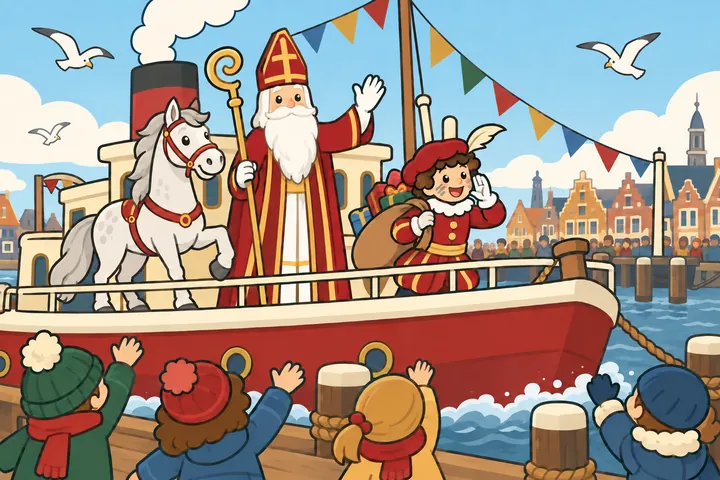 De stoomboot met wapperende wimpels meert aan, met Sinterklaas en Ozosnel aan dek en een lachende Piet aan de reling.