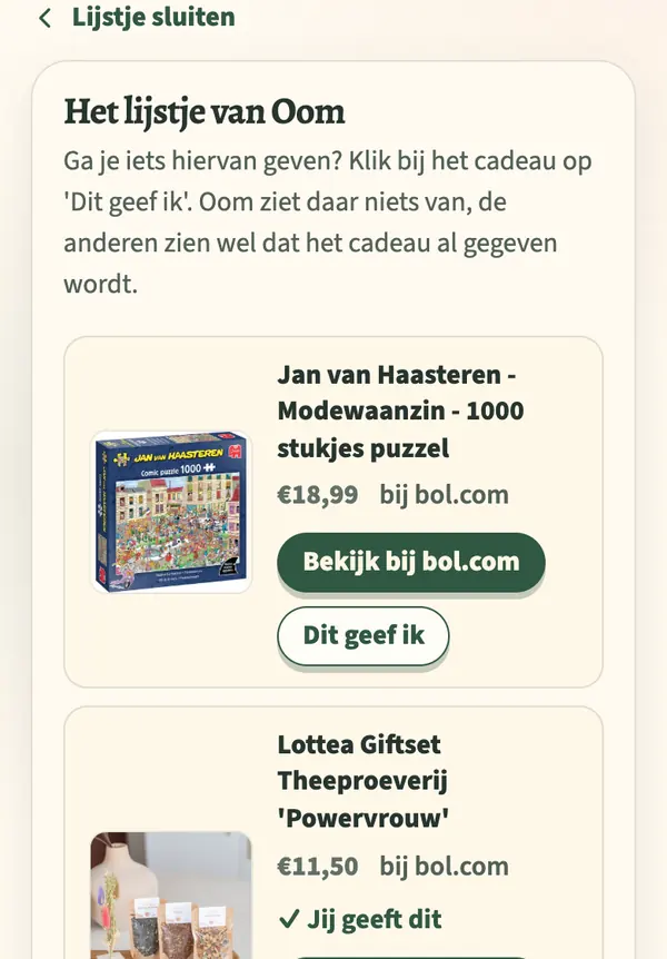 Het lijstje van Oom: bij een puzzel de knop Dit geef ik, bij een theeset staat Jij geeft dit
