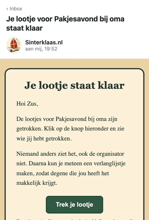 De mail Je lootje staat klaar, met een groene knop Trek je lootje