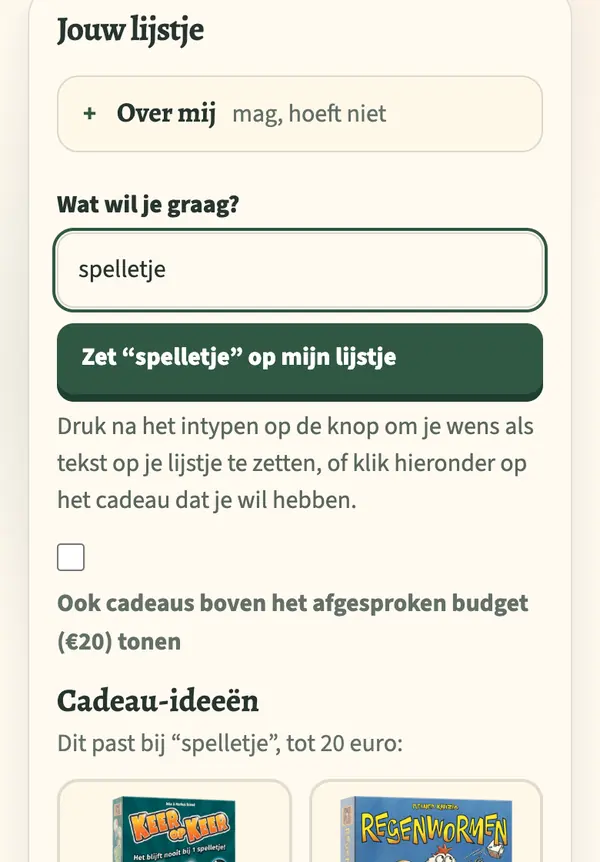 Het eigen verlanglijstje: bij de wens spelletje staan cadeau-ideeën tot 20 euro met plaatje en prijs