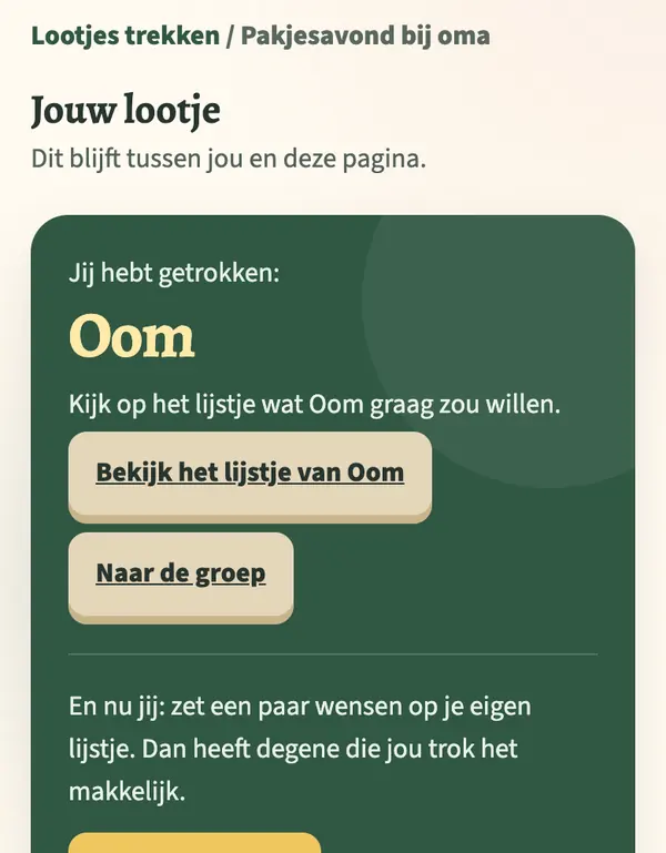 Het scherm Jouw lootje: Jij hebt getrokken: Oom, met een knop naar het lijstje van Oom