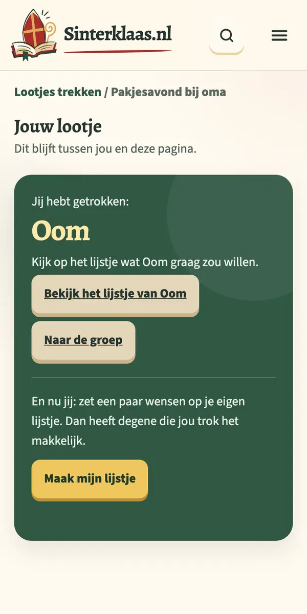 Jouw lootje op de telefoon: Jij hebt getrokken: Oom