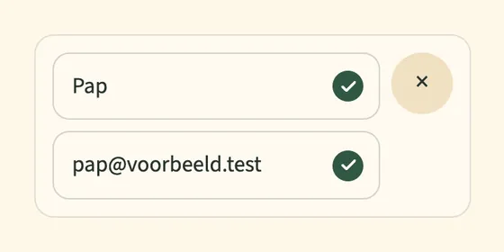 Een deelnemer ingevuld: Pap met zijn e-mailadres, allebei met een groen vinkje