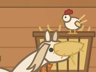 Ozosnel eet uit de hooiruif, met een kip bovenop de ruif
