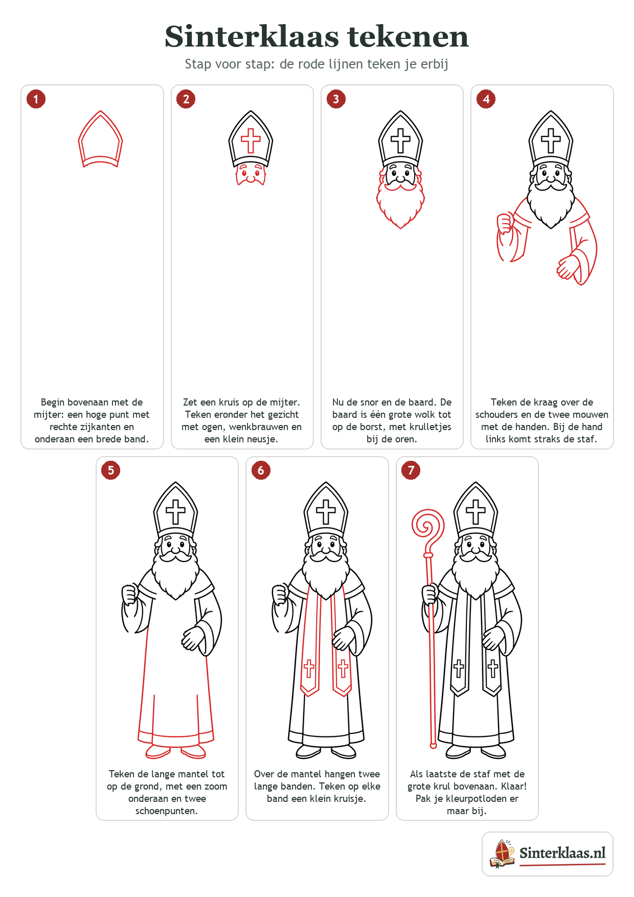 Stappenplan Sinterklaas tekenen op één A4, met zeven stappen van mijter tot staf