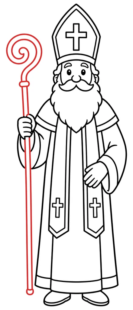 Stap 7: de staf met krul erbij, de tekening van Sinterklaas is klaar