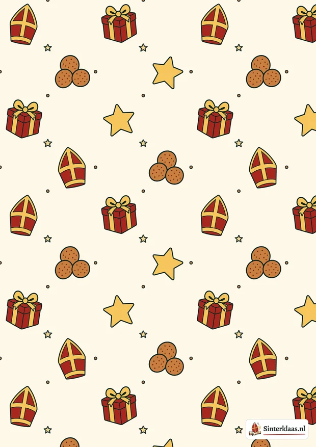 Zelf geprint Sinterklaas-inpakpapier met mijters, pepernoten, pakjes en sterren in kleur